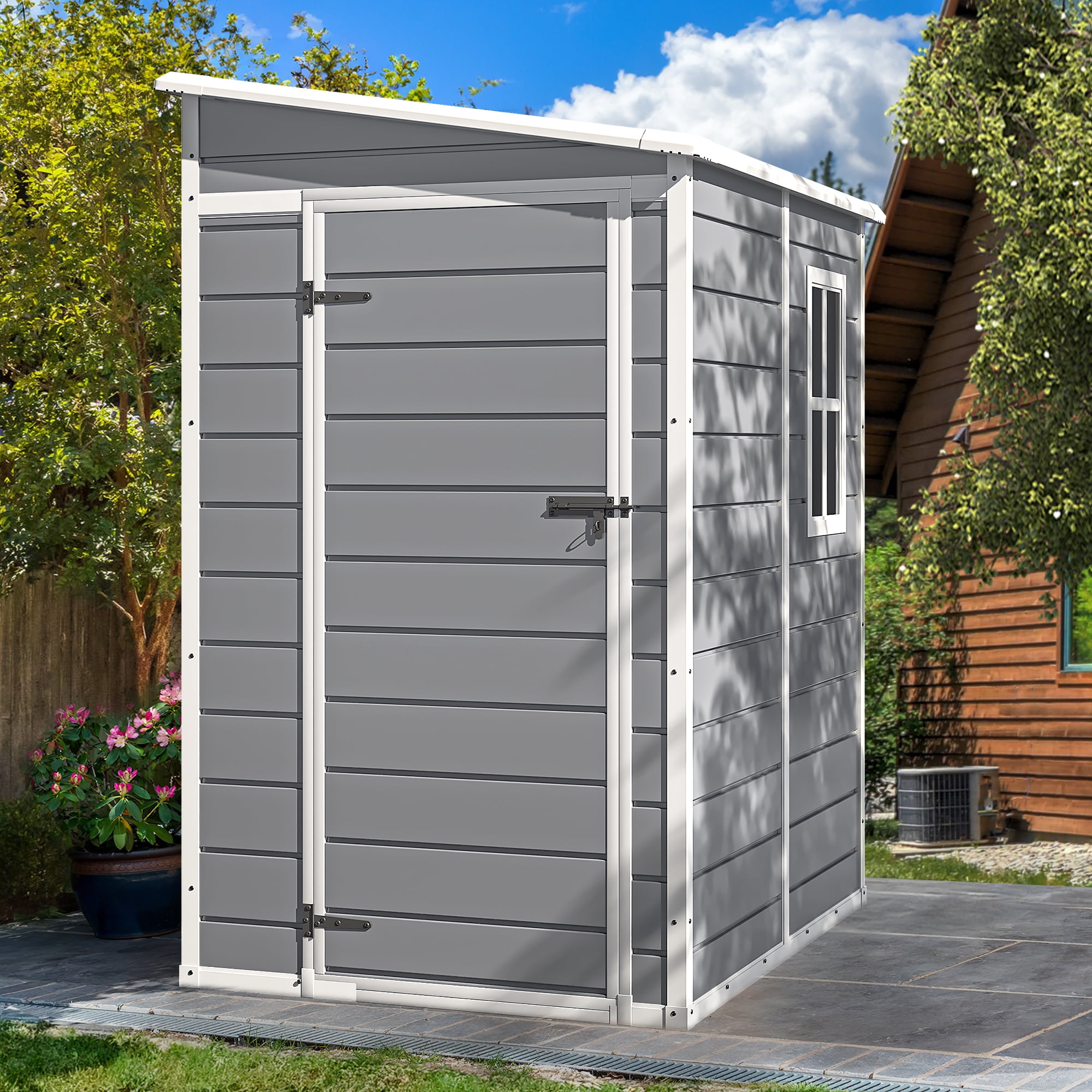 Uforic 5x4 FT Resin Outdoor Storage Shed with Floor, Resin Large Storage Shed with Lockable Door & Window, Waterproof