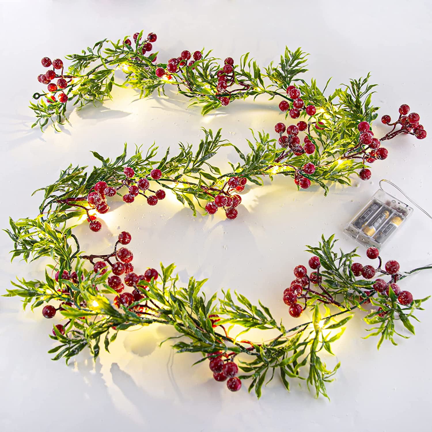 Artificial Christmas Garland String Lights with Snowy Red Berries 20