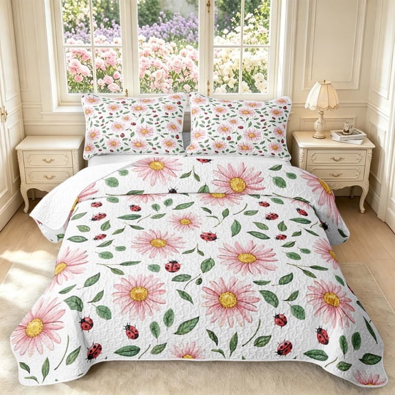 Erosebridal Romantic Flower Twin Quilt Set,Watercolor Bug Ladybug Twin Coverlet Set,White Pink,2 Pieces,1 Bedspread and 1 Pillowcase