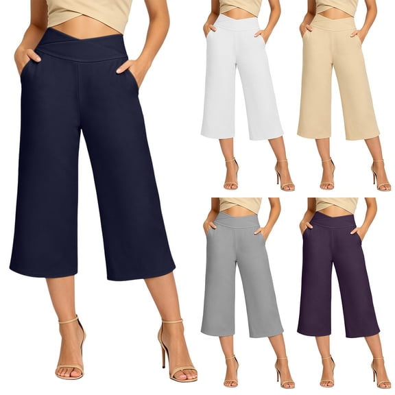 Yourumao Wide Leg Yoga Capri Pants with Pocket for Women Crossover High Waist Capris Tummy Control Solid Stretchy Baggy Pants for Activewear