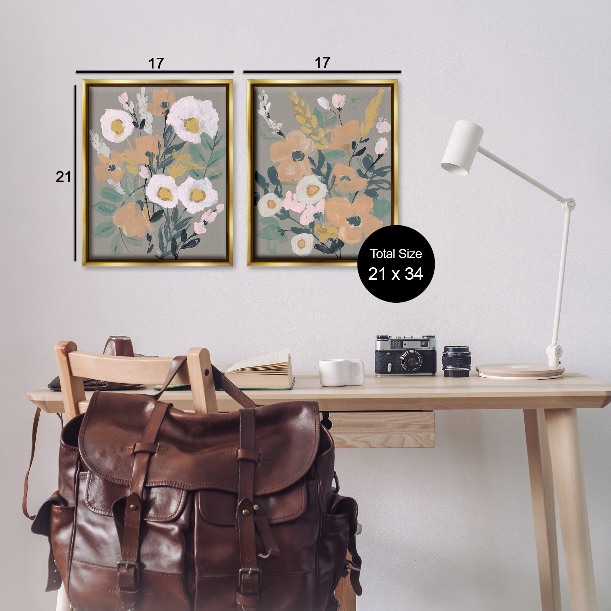 Stupell Industries Cheery Floral Bouquet Plants & Flowers Painting Gold Floater Framed Canvas Art Print Wall Art, 17 x 21, Set of 2