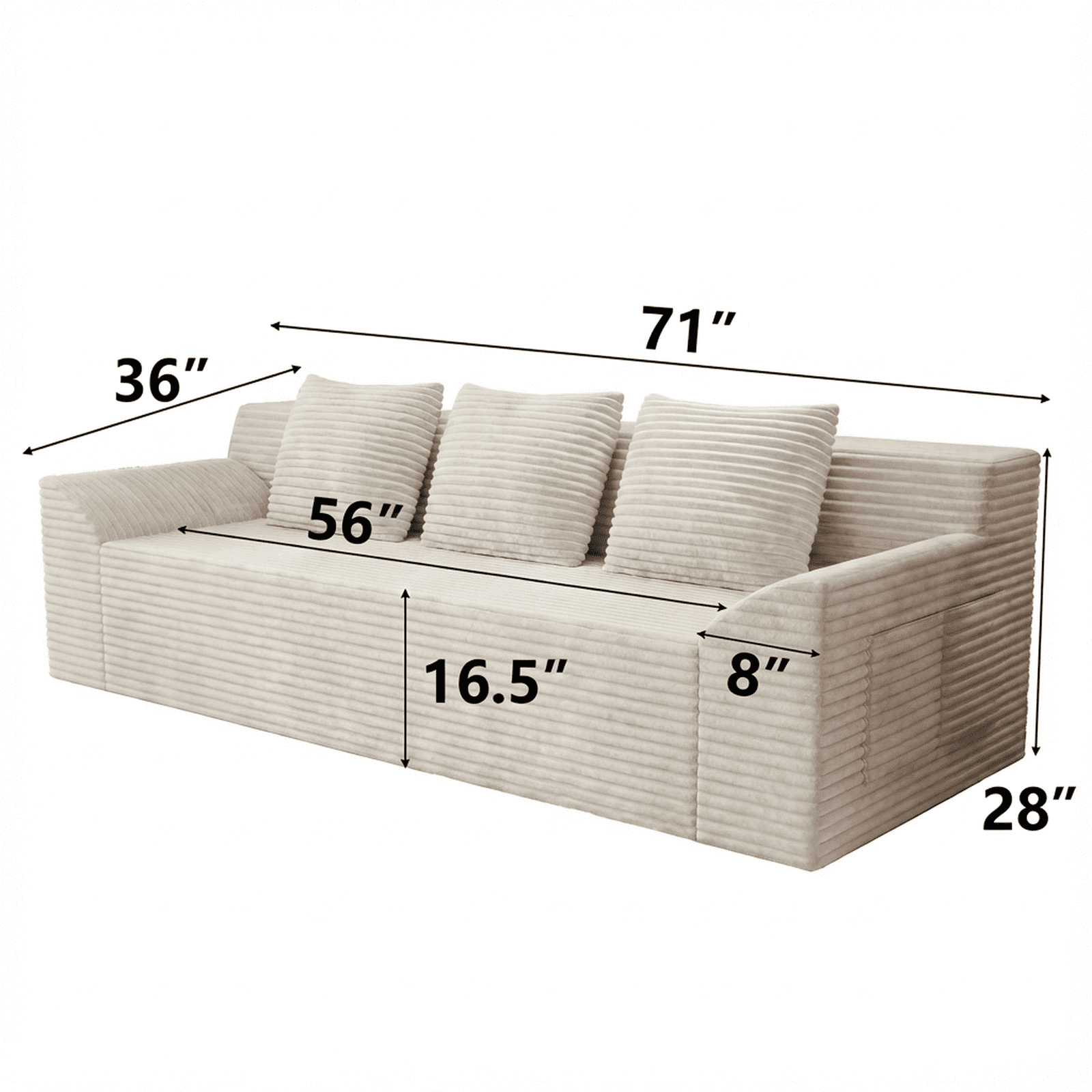 HSUNNS 71" 3 Setaser Sofa, Comfy Extra Deep Seat 3 Seater Couch for Living Room with Soft Upholstered, Free 3 Pillows, No Assembly Required, Beige