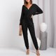 thumbnail image 2 of Conjunto de 2 piezas para mujer, conjunto de pantalones con cuello en V y parte delantera torcida, Top de manga larga con cordón, pantalones largos, traje negro XL, 2 of 6