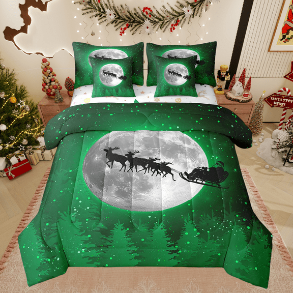 Manfei Xmas Deer 7-Piece Twin Bedding Sets For Teens,Green Black Bedding Comforter Set,Merry Christmas Breathable Sheet Sets,Ultra Soft Festival Home Decor,Reversible