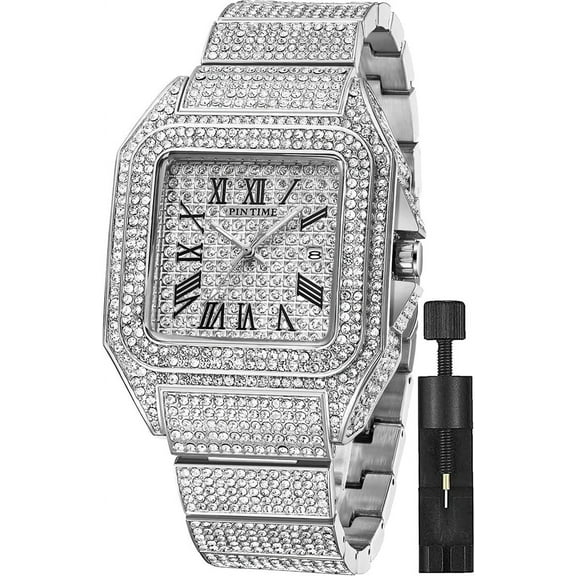 Fashion Hip Hop Men's Crystal Watch Bling Bling Watch Rectangle Case Stainless Steel Quartz Analog Bracelet Wristwatch