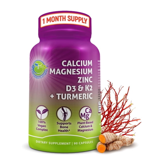 Plant-Based Calcium 500mg (Aquamin) - Vegan Calcium Magnesium Zinc D3   Vitamin K2, Organic Turmeric & BioPerine - Supports Enhanced Bone Health & Strength for Women and Men - 90 Count