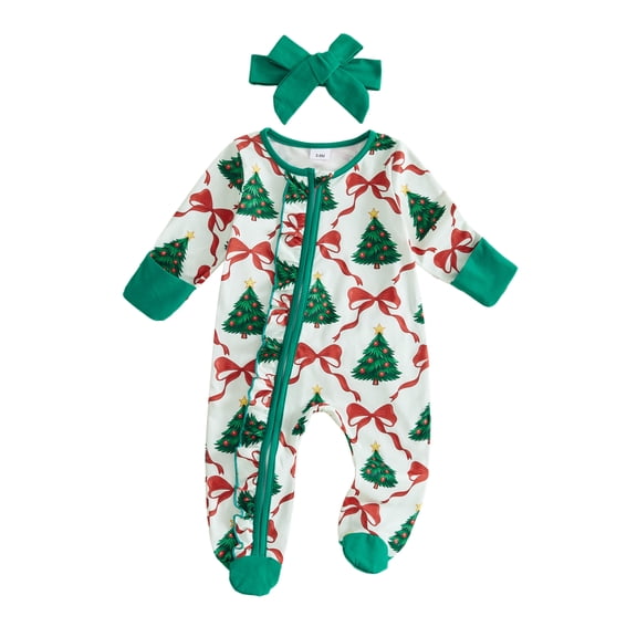 Cjfdfy Newborn Baby Girl Christmas Footed Romper Christmas Tree Santa Print Zip-up Long Sleeve Footed Bodysuit And Headband Infant Cute My Christmas Fall Winter Outfit 0-9M
