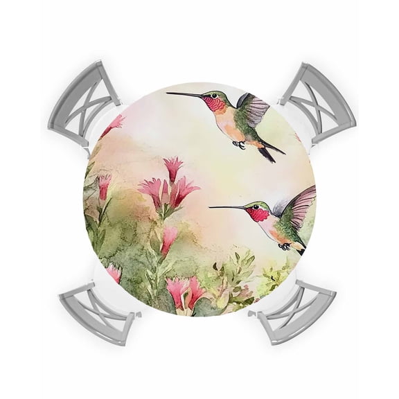 nqOlkjepod Hummingbird Red Floral Round Tablecloth, Fitted Table Cover with Elastic for 45"-54" Round Tables, Rustic Botanical Green Ombre Table Cloth Outdoor Dinning Party Waterproof Tablecloths