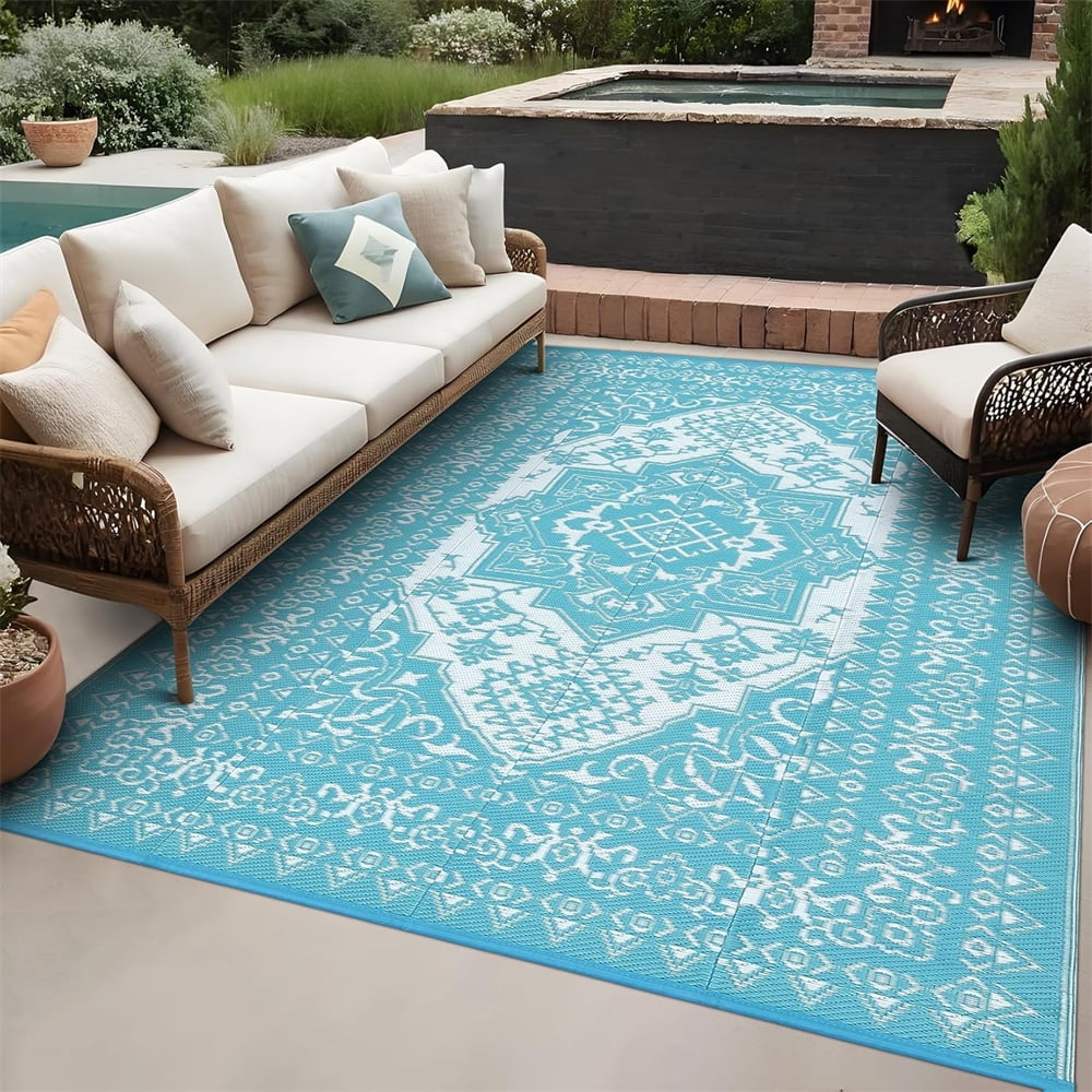 Outdoor Rugs8x10ft/9x12ft/10x14ft/9x18ft/10x20ft Waterproof Portable for Patio, Reversible Outdoor Plastic Straw Rug for Camping, RV Mat Modern Plaid Outdoor Rugs for Porch, Deck, Backyard, Balcony,
