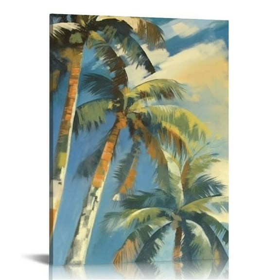 ONETECH  Palm Tree Canvas Wall Art: Bathroom Coconut Leaf Painting Print Bedroom Hawaii Sunset Ocean Beach Picture Abstract Tropical Seascape Artwork Colorful Coastal Scenery Wall Art