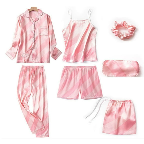 Wyongtao Women's 7 Pcs Silk Satin Pajamas Set Long Sleeve Button Down Sleepwear Cami Shorts Pjs Set with Eye Mask,Pink XL