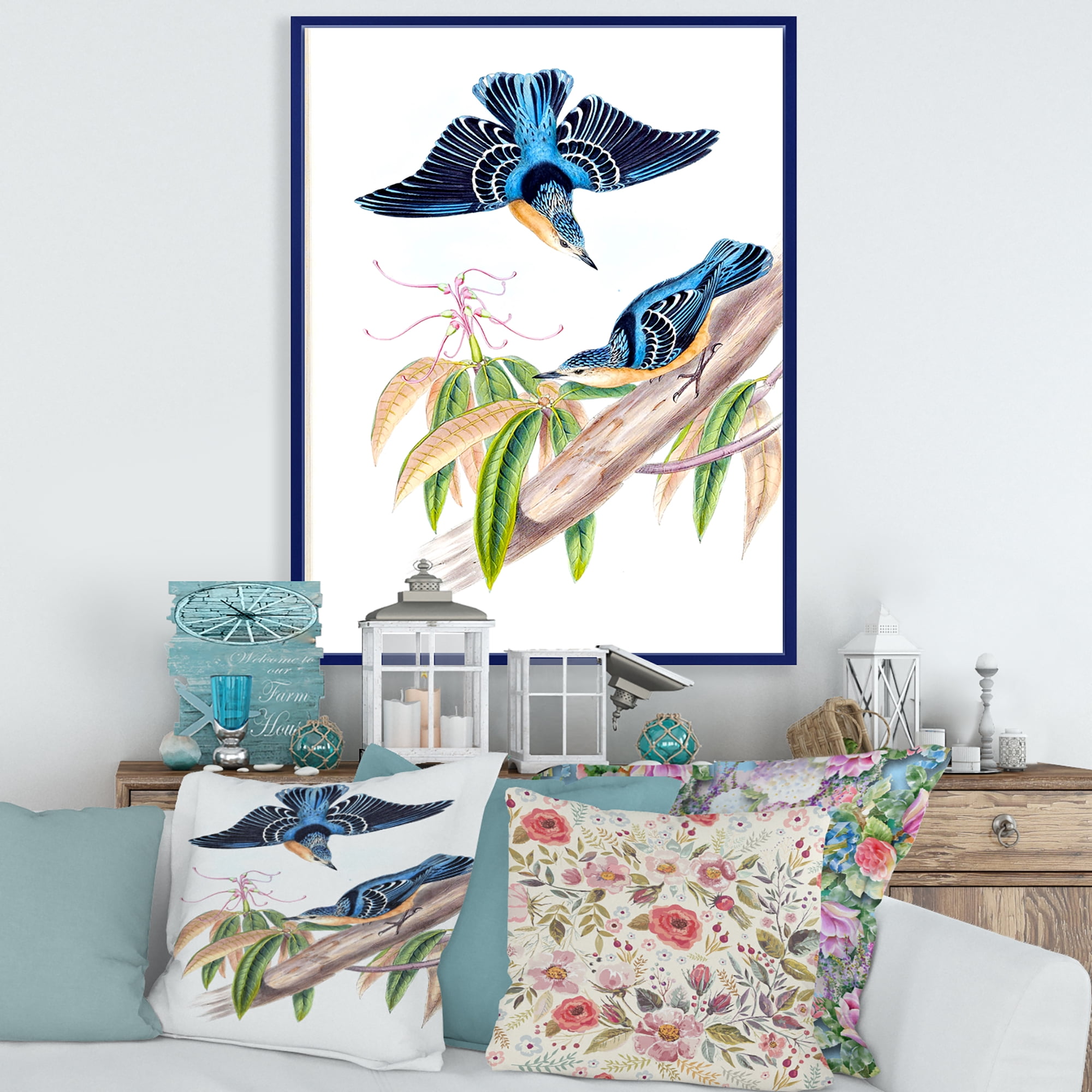 Vintage Countryside Birds On Branch V 16 in x 32 in Framed Painting Canvas Art Print, by Designart