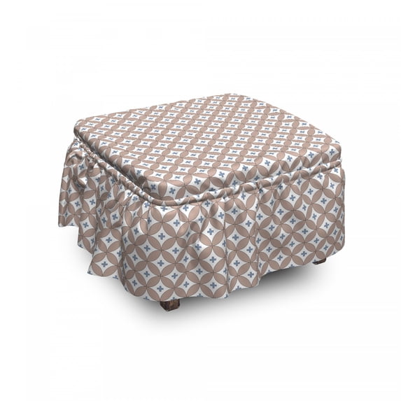 Geometric Ottoman Cover, Circles Plus Signs, 2 Piece Slipcover Set with Ruffle Skirt for Square Round Cube Footstool Decorative Home Accent, Standard Size, Dried Rose Slate Blue, by Ambesonne