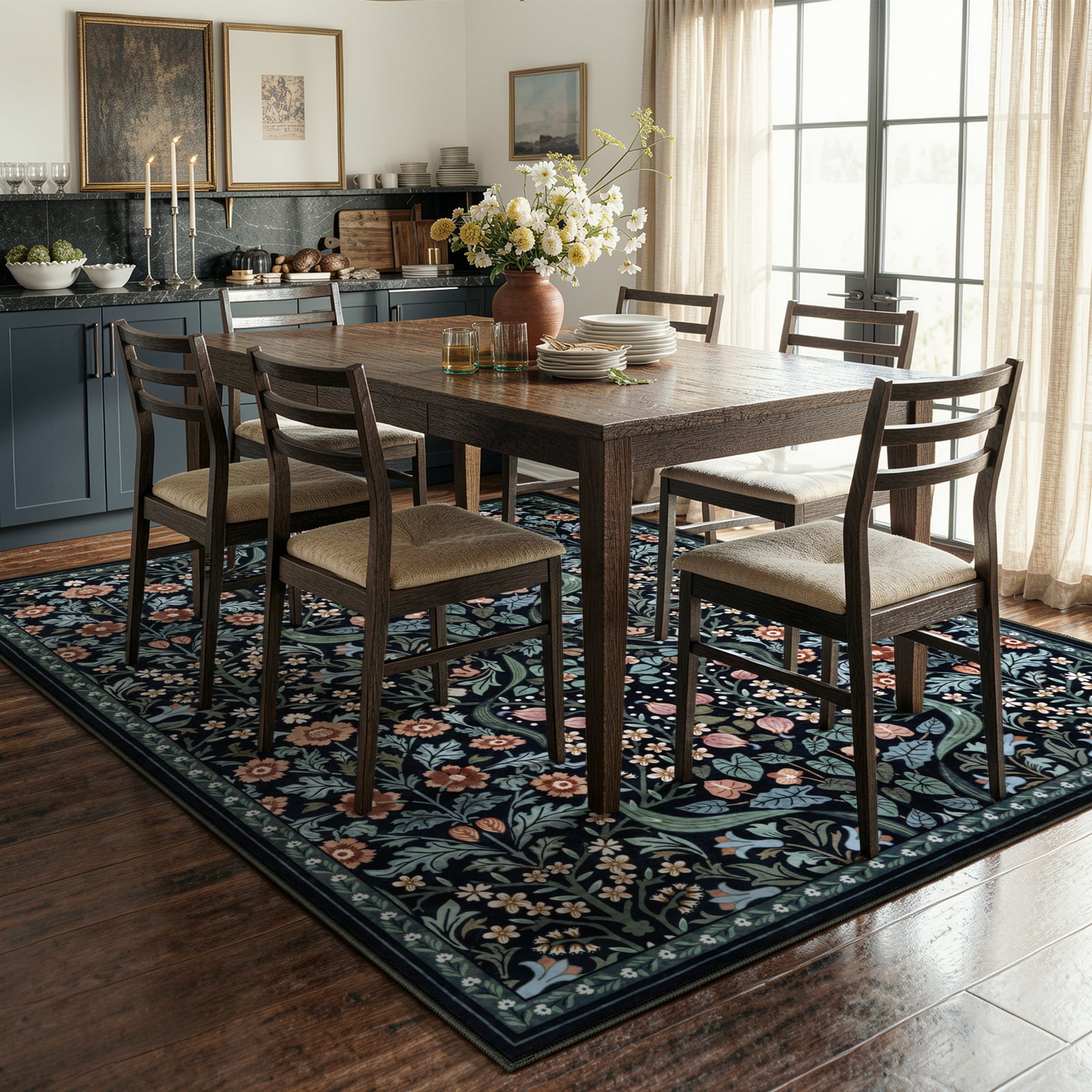 Lahome Floral 5'x7' Living Room Area Rug, Soft Washable Rugs for Bedroom, Non Slip Ultra Thin Boho Rug Botanical Stain Resistant Floor Carpet for Dining Room Home Office, Black