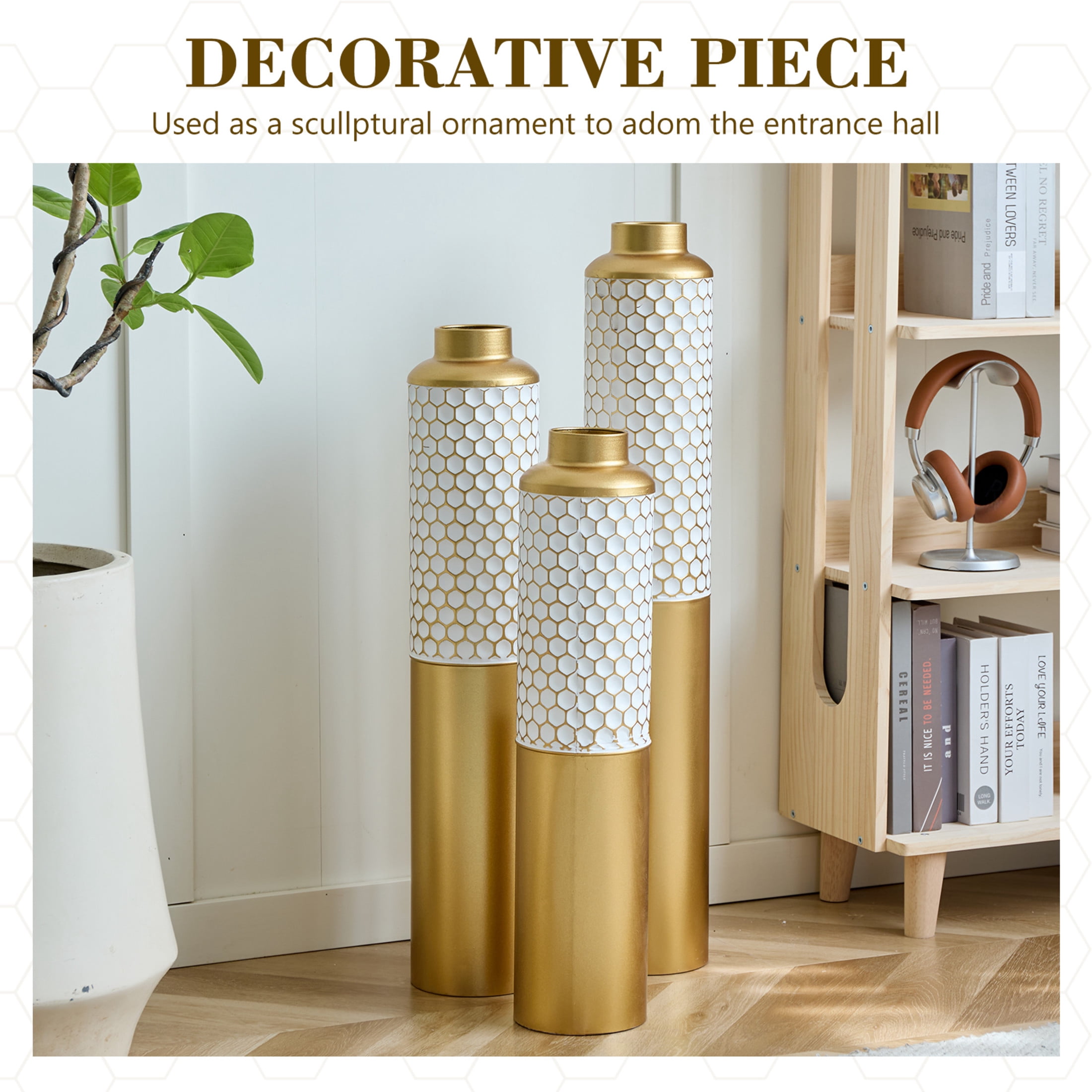 Noble House 3-Piece Metal Floor Vase Set, Textured Hexagonal Pattern Decorative Vases, Gold + White