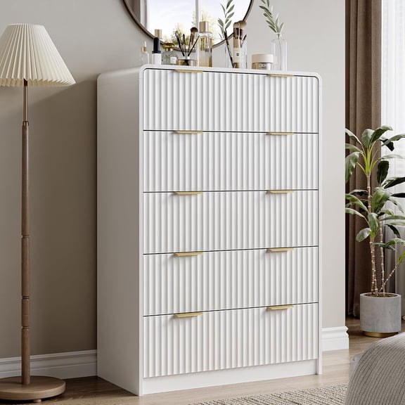 Fluted Dresser for Bedroom, 5 Drawers Dresser, 47" Tall Modern Chest of Drawers with Metal Handle, White Dressers for Bedroom