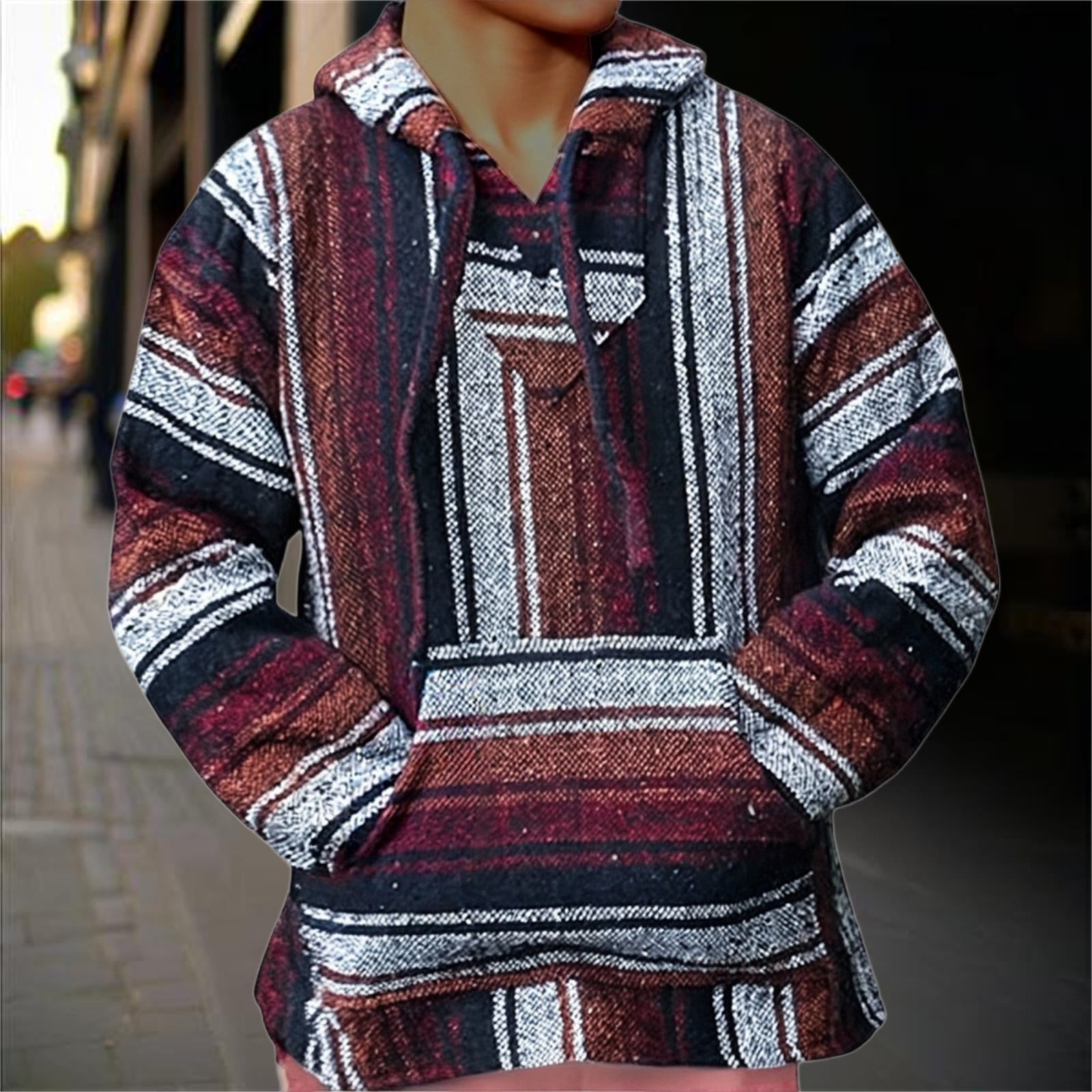 Mexican Lightweight Hoodie for Men Casual Comfy Pullover Shirts with Pockets Hoodie Hippie Surf Poncho Sweater Sweatshirt Pullover Fall Winter Fashion Hooded Sweatshirt (Orange,M)