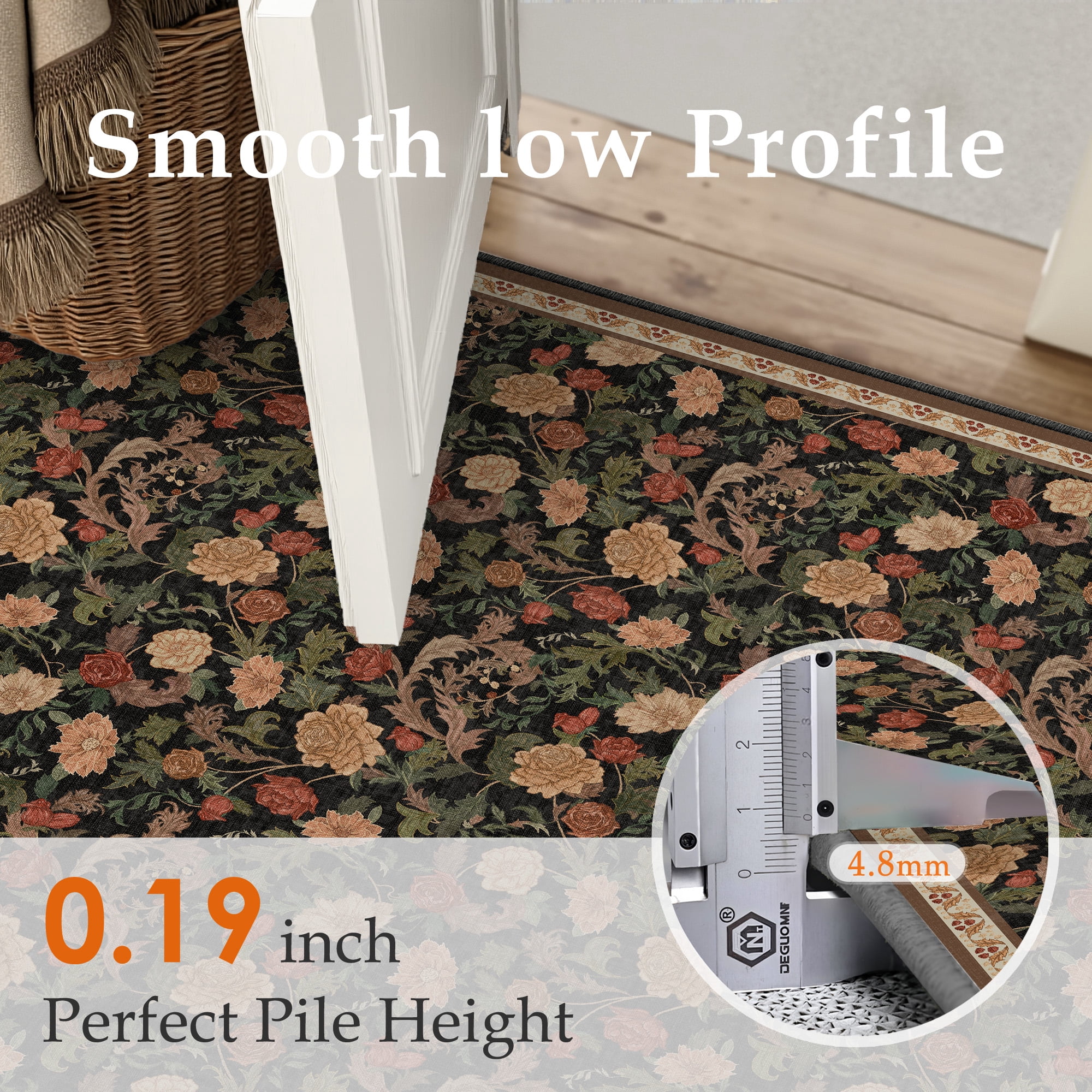 BERTHMEER 6'x9' Area Rugs for Living Room Bedroom Dining Room Farmhouse Kitchen Office Oriental Vintage Traditional Floral Rugs Machine Washable Non Slip Indoor Carpets,Black
