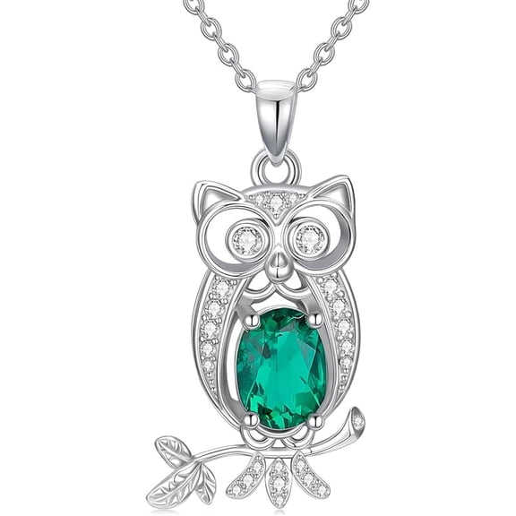 SOULMEET Owl Necklace for Women, 925 Sterling Silver Lab-Grown Emerald Owl Pendant Necklace Jewelry Gift for Mom Mother Wife