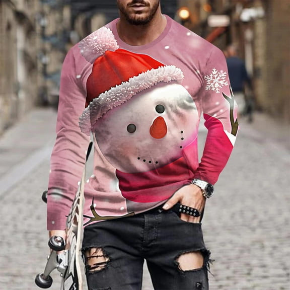 cllios Mens Christmas Shirts Red,Funny Cute Snowman Printed Holiday Shirt Tops,Long Sleeve Round Neck Workout Tees,Novelty Xmas Vacation Tops,Christmas Gifts for Men