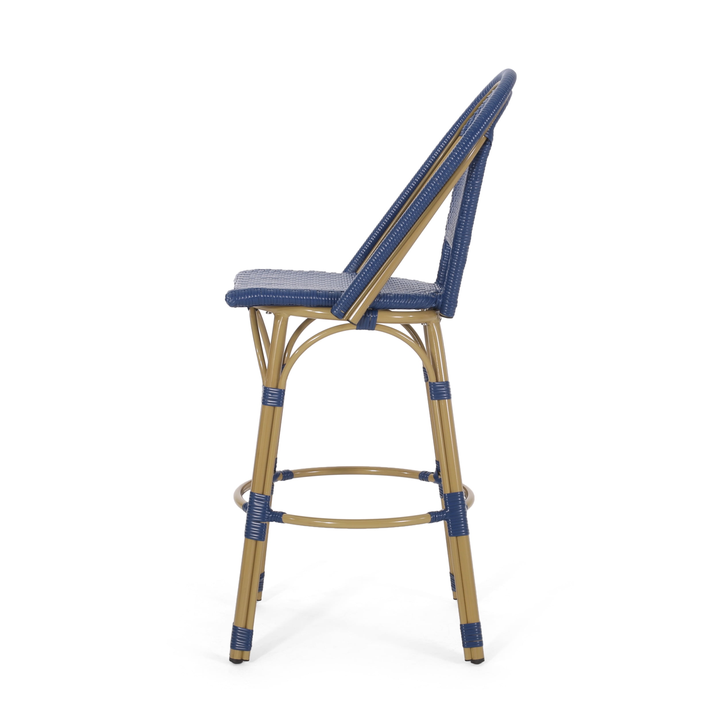 Cortina Wicker and Aluminum Outdoor 29.5 Inch Barstools, Set of 2, Navy Blue and Bamboo Finish
