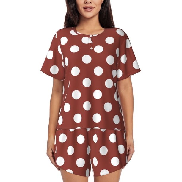 Balery Maroon And White Polka Dot Conjunto de Pijama para Mujer con Estampado, Dos Piezas de Manga Corta y Shorts, Ropa de Dormir Suave con Cuello Redondo y Bolsillos-3X-Large