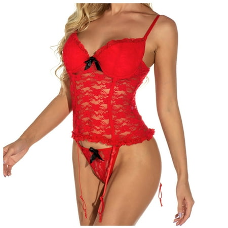 

BELLZELY Lingerie for Women Plus Size Clearance Women Trendy Lace Sling Vest Hollow Mesh See-Through Bodysuit Suit Set