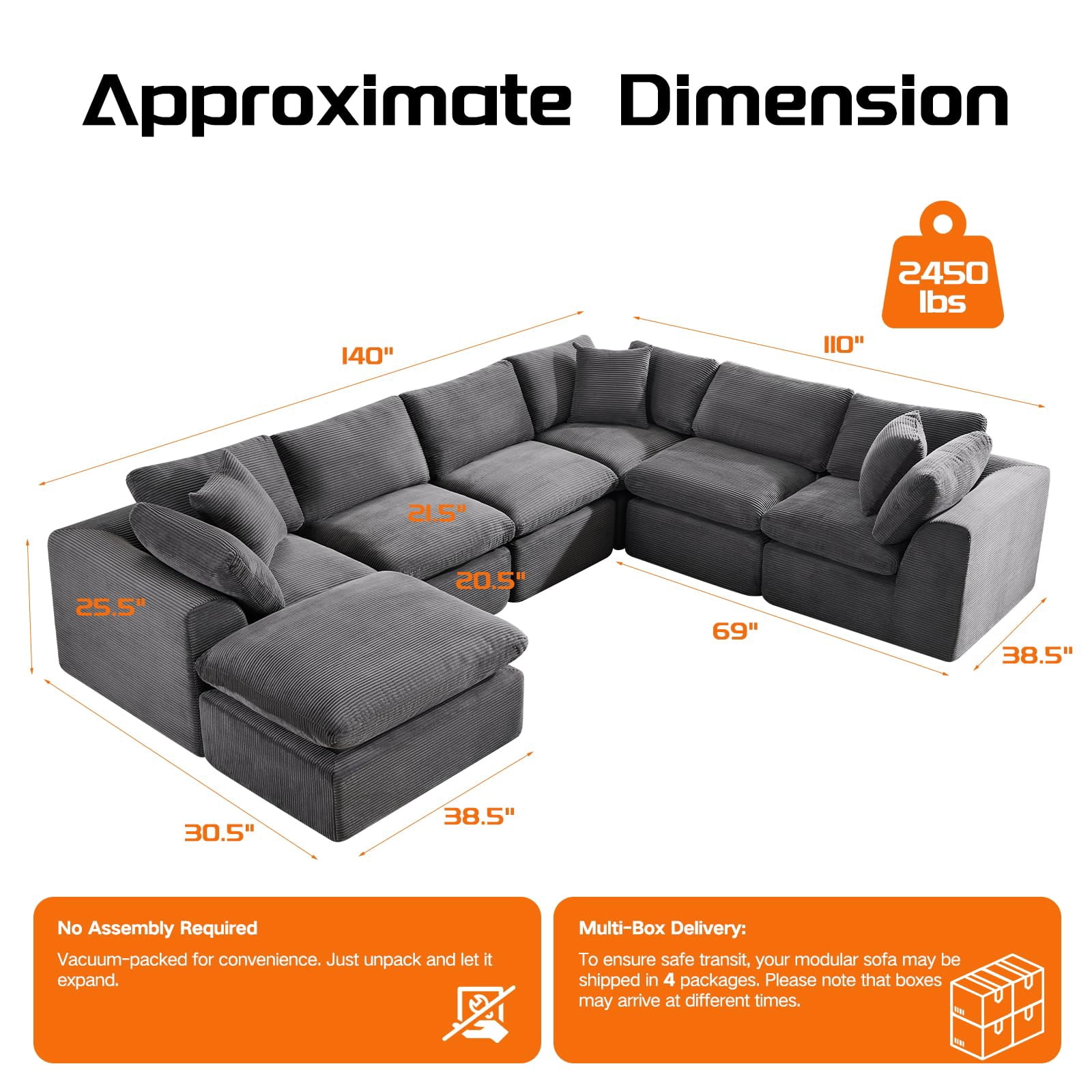 140" Modular 7 Seater Boneless Sofa Sectional Cloud Couches Sofa with Ottoman,No Assembly Required