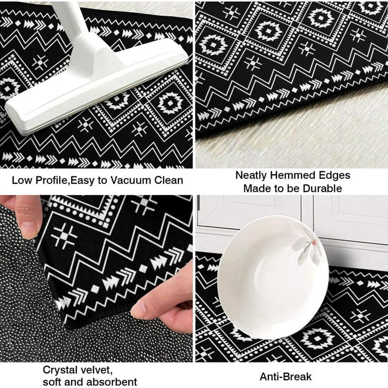 Pionism Black Boho Geometric Kitchen Rugs & Mats 2 Pieces,Black & White Boho Bathroom Rug,Non Slip Cushioned Mat Runner Rug Doormat for Boho Kitchen,Sink