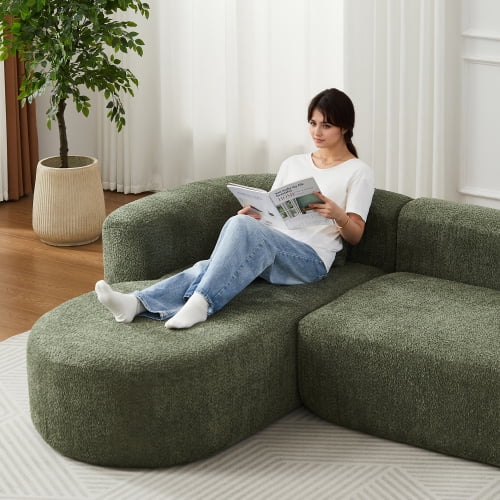 109.4" Modular Sectional Sofa with Curved Back, Chenille Upholstery, L-Shape Left Chaise, Cloud Couch for Living Room, Green