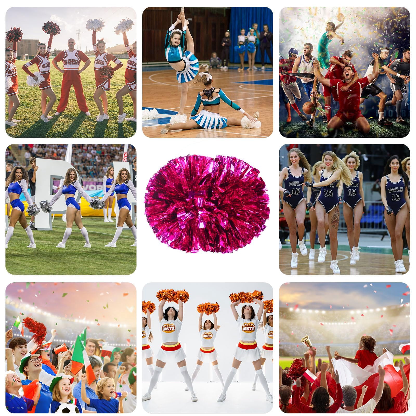 Pom Poms Cheer 8 Pcs with Handle, Cheerleading Handheld Squad Pompoms for Sports Team Spirit Games Dance Party Adults