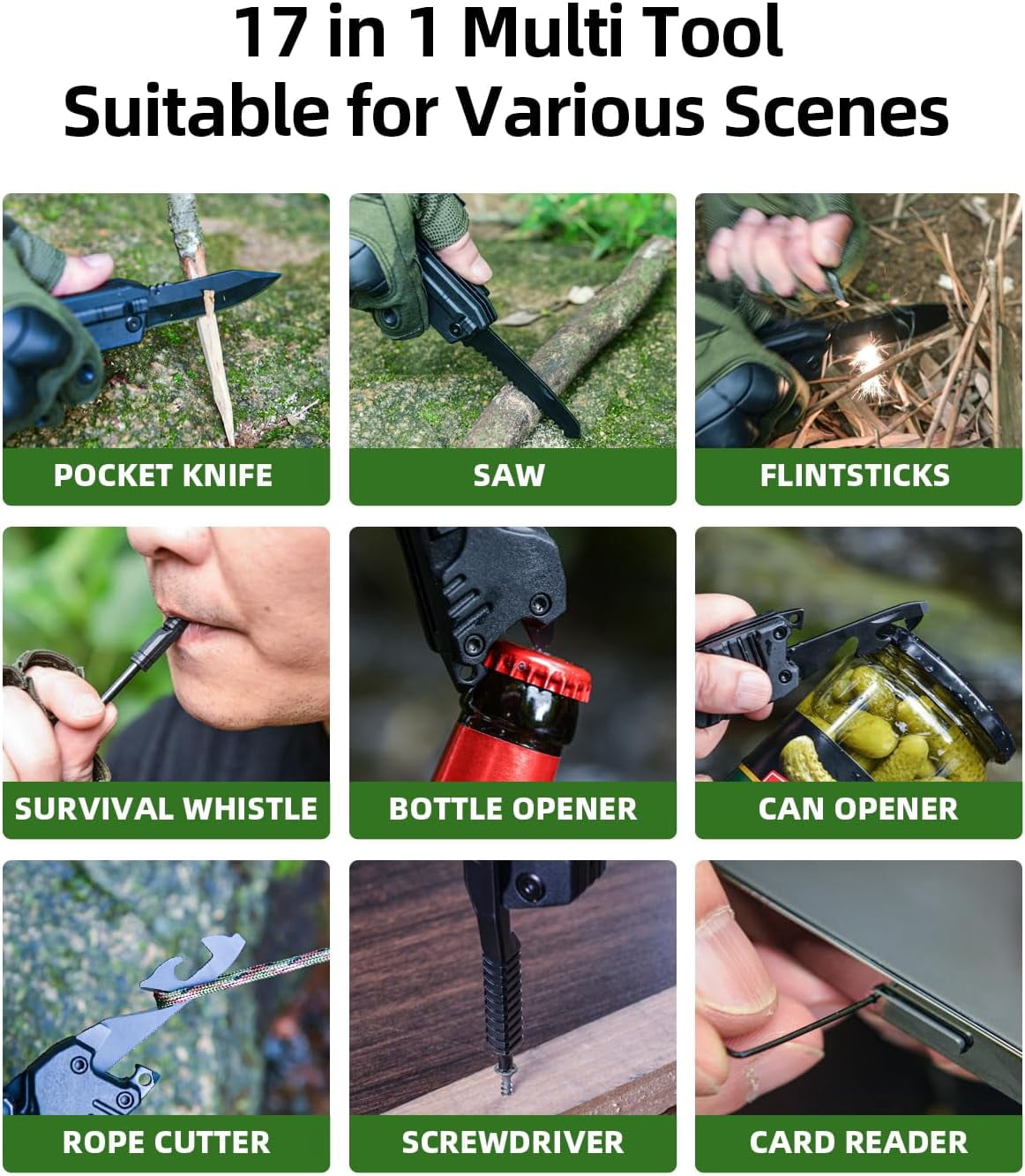 Multitool Knife with Fire Starting Sticks, Bottle Opener, Saw, Screwdrivers, Whistle, Window Breaker and More for Camping, Outdoor, Survival and Everyday Use