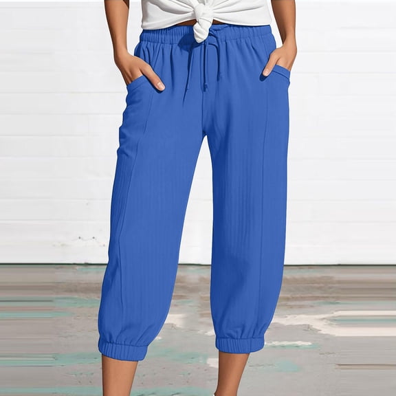 Women's Capri Pants, High Waist Drawstring Elastic Waistband Side Pocket Loose Lantern Jogger Cuffed Hem Cropped Mid Calf Casual Daily Lounge Bottoms, Blue L