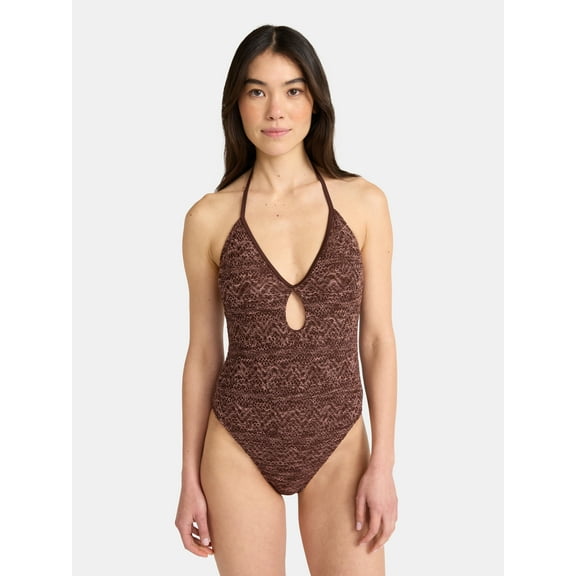 No Boundaries Warm Chocolate Crochet One Piece Swimsuit, Women's