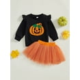 thumbnail image 4 of Toddler Kids Girls Halloween Skirt Clothing Sets 12 18 24 Months 2T 3T 4T 5T Long Sleeve Pumpkin/Letter Embroidery Pullover Tulle Skirt Outfits, 4 of 9