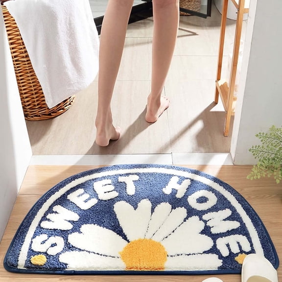 Daisy Flower Blue Bathroom Rugs Half Circle Bath Mat for Bedroom Small Carpet Non-Slip Bath Rug Semi Round Rug Washable Indoor Floor Door Mat Home Decor 16X24inch.