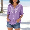 thumbnail image 6 of Qwertyu Linen Shirts for Women Spring Summer Casual Short Sleeve Embroidered Boho Tops Loose Fit Button Down Blouses Trendy Dressy V Neck Work Shirts Purple XL, 6 of 6