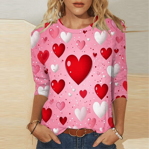 Inverlee Womens Valentine's Day Shirts Plus Size Love Heart Graphic Tees Casual 3/4 Sleeve Blouse Round Neck Going Out T-shirt Tops Valentines Day Gifts for Teen Girls