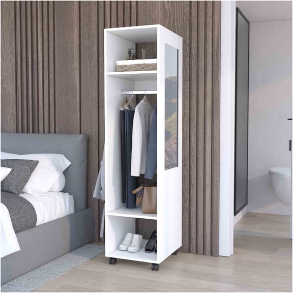 JERFIT White Freestanding Wardrobe Closet with Mirror, Shelves & Rolling Casters for Bedroom Storage Organizer