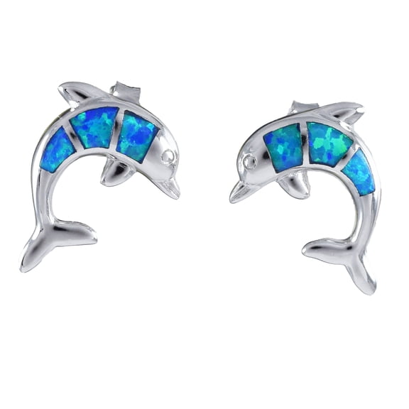 Beautiful Hawaiian Large Blue Opal Dolphin Earring, Sterling Silver Blue Opal Dolphin Stud Earring E4115 Birthday Valentine Mom Gift