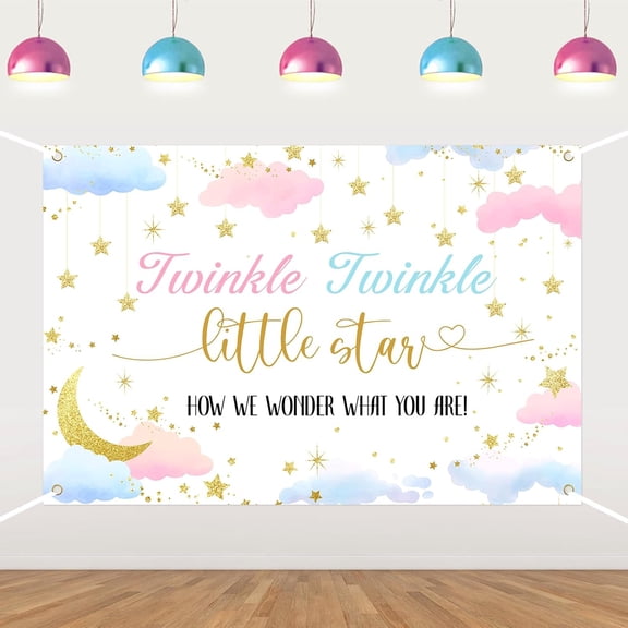 7x5FT Twinkle Twinkle Little Star Gender Reveal Backdrop Boy or Girl How We Wonder What You are Background Pink or Blue Clouds He or She Gender Reveal Party Decorations Banner Photo Booth Props