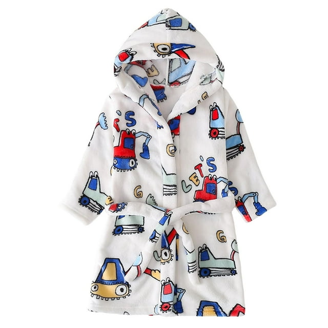 Hiiyo Boys Cartoon Hooded Bathrobe with Pocket Flannel Warm Night Robe Homewear