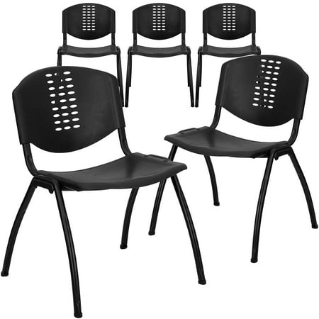 Flash Furniture 5 Pack HERCULES Series 880 lb. Capacity Black Plastic Stack Chair with Oval Cutout Back and Black Frame