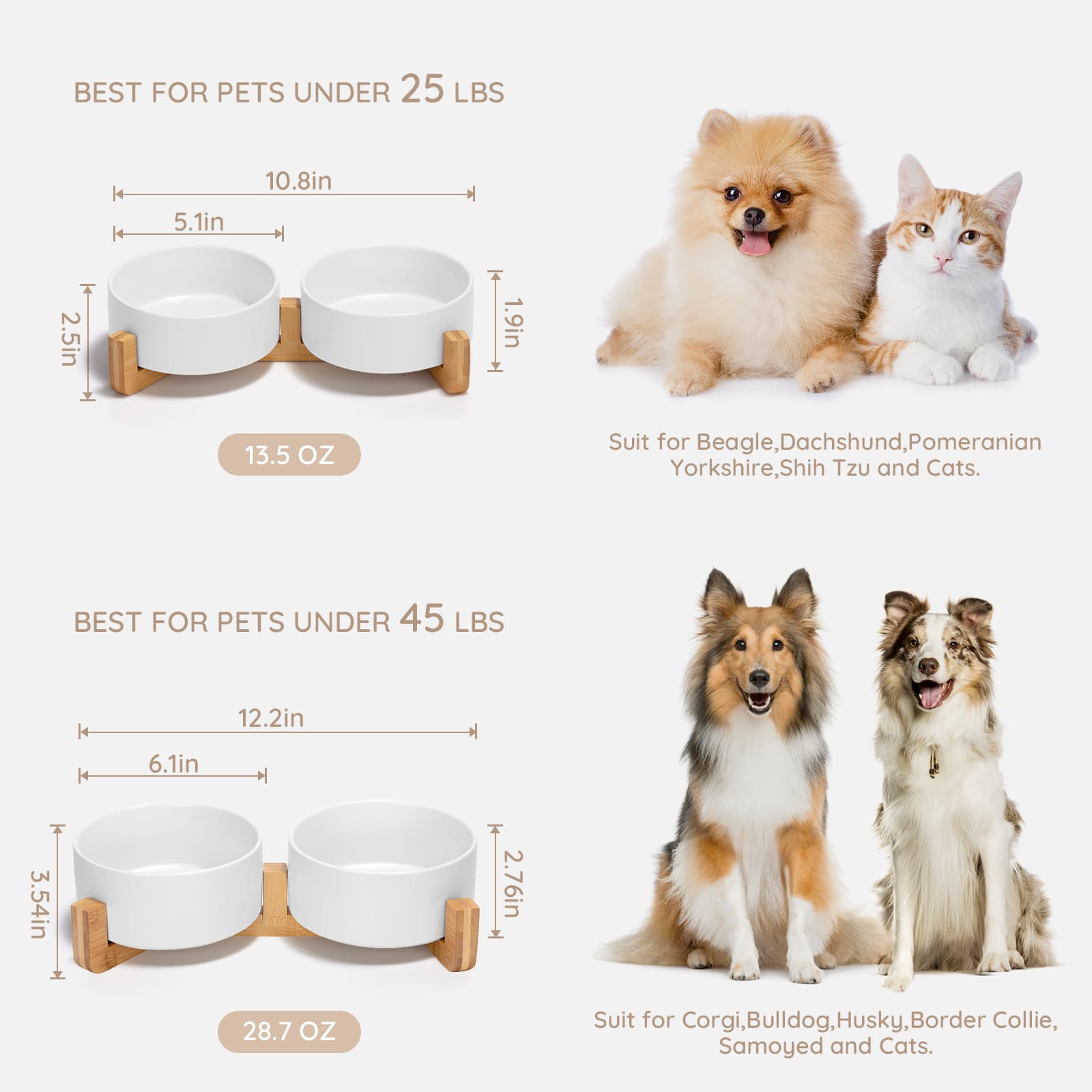 SPUNKYJUNKY Ceramic Dog and Cat Bowl Set with Wooden Stand Non-Slip Matte Glaze Weighted Food Water Set for Cat Medium Dog 28.7 OZ,White