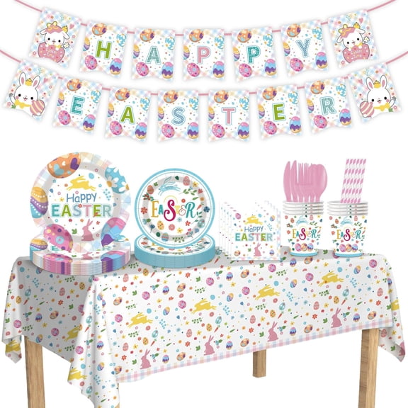 98 Pieces Easter Paper Plates and NapkinsTableware Set, Colorful Eggs Disposable Dinnerwarewith Plates, Napkins, Forks for Easter Spring PartySupplies-Serves 16