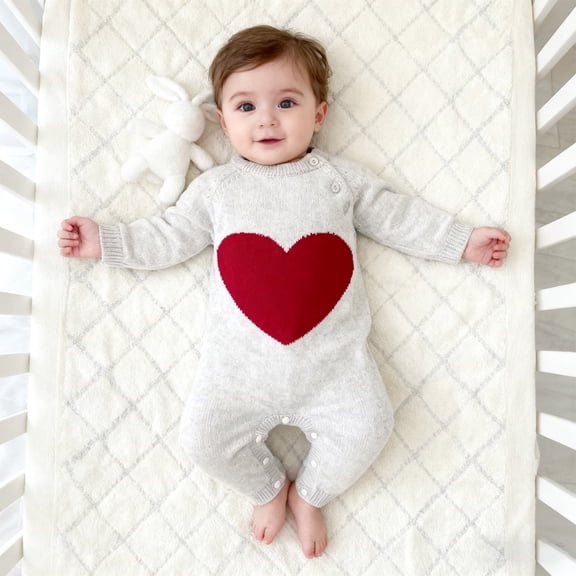 MEZZALL Toddler Jumpsuit Valentine's Day Baby For Autumn Winter With Heart Pattern Bodysuit Sleep Easy Changes Soft Fashionable Long Sleeve O-Neck Spring Child One-Pieces