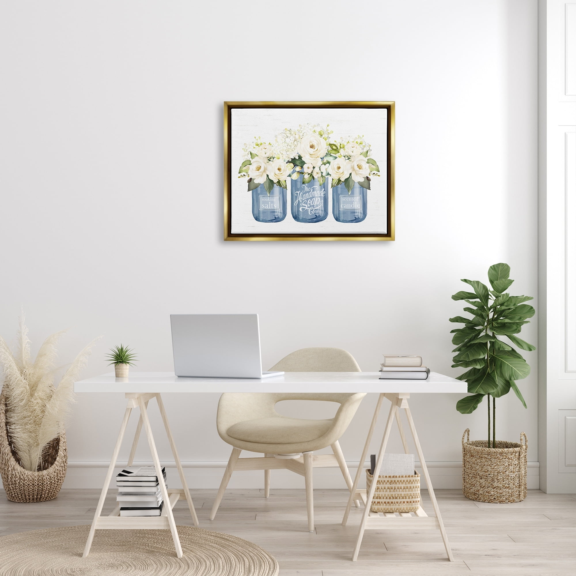 Stupell Industries White Rose Flower Bouquets Blue Farmhouse Jars Graphic Art Metallic Gold Floating Framed Canvas Print Wall Art, Design by Lettered and Lined