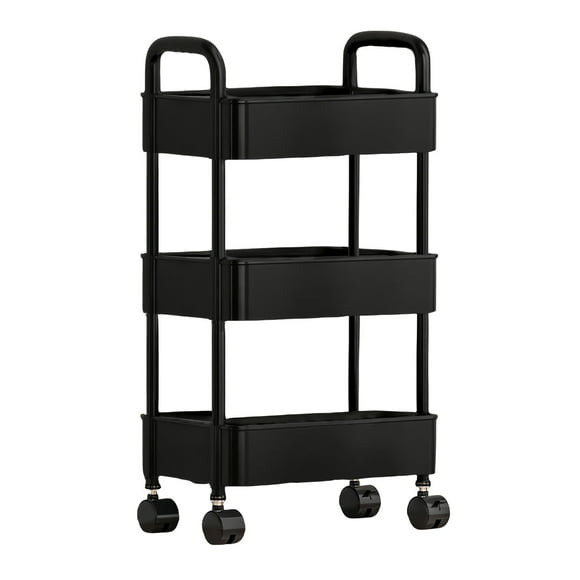 Staron 3 Tier Rolling Cart with Wheels, Plastic Rolling Utility Cart with Handle, Multi-functional Storage Trolley for Office, Living Room, Kitchen, Black Movable Storage Organizer
