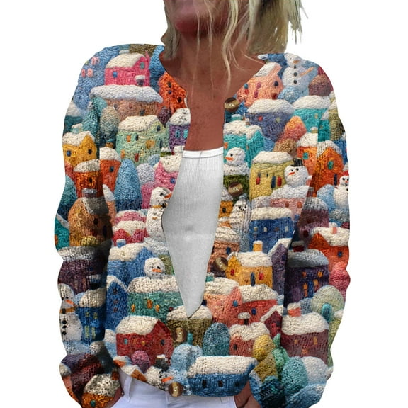 WTOBBY Women's Fashion Printed Long Sleeve Knitted Cardigan Button Down Jacket, Christmas Themed Soft and Warm Cardigan for Casual and Holiday Wear,Blue L