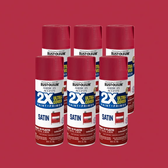 6 Pack, Colonial Red, Rust-Oleum American Accents 2X Ultra Cover Satin Spray Paint-327943, 12 oz